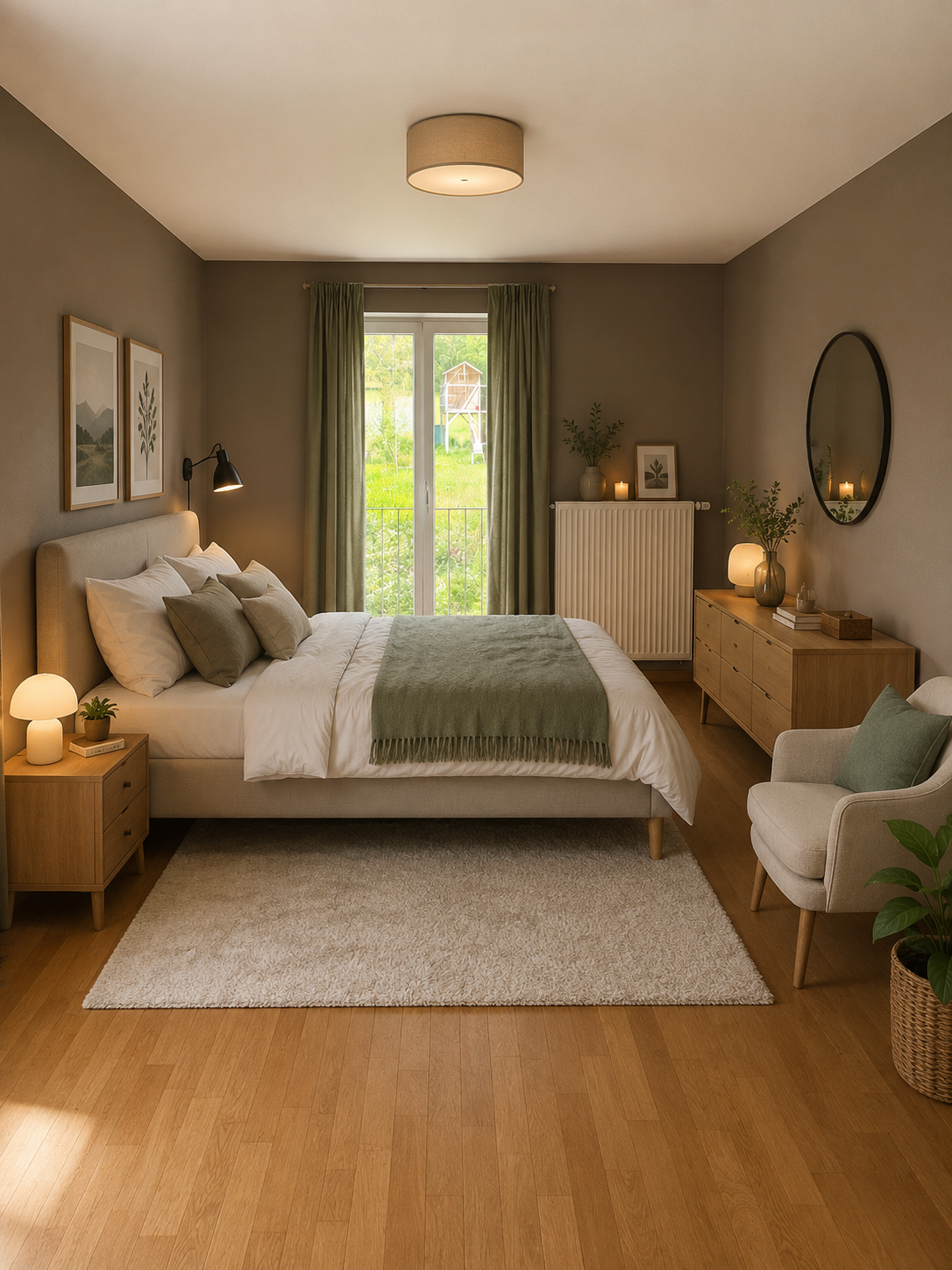 Schlafzimmer mit Parkettboden und großem Fenster