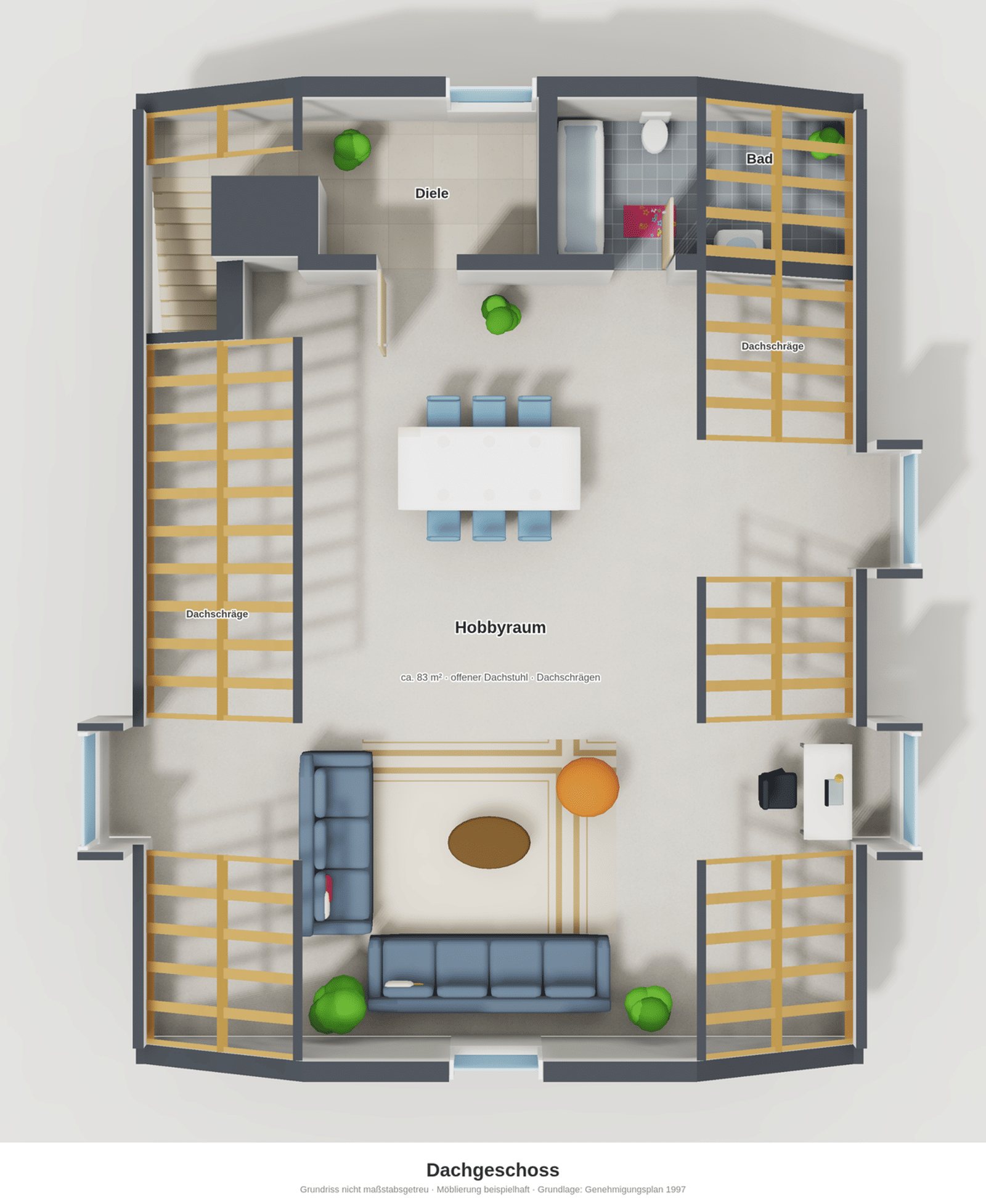 Loft unterm Dach – Grundriss mit offenem Dachstuhl